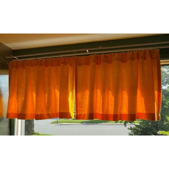 Vintage 70s Sears curtains, boho ribbed bright yellow short panels, pair - Picture 2 of 10